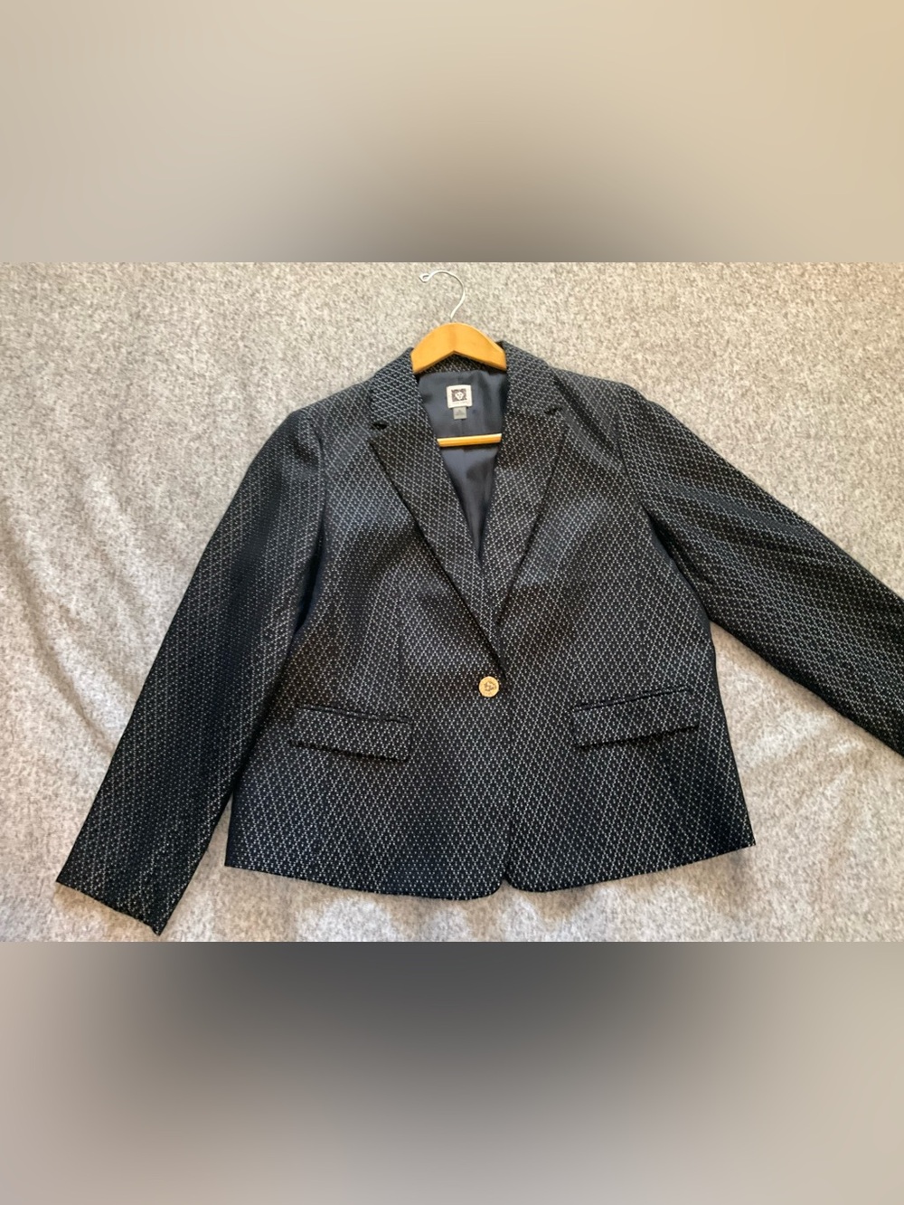 Anne Klein XL Textured Single-Button Blazer Black Silver Argyle Diamond Pattern